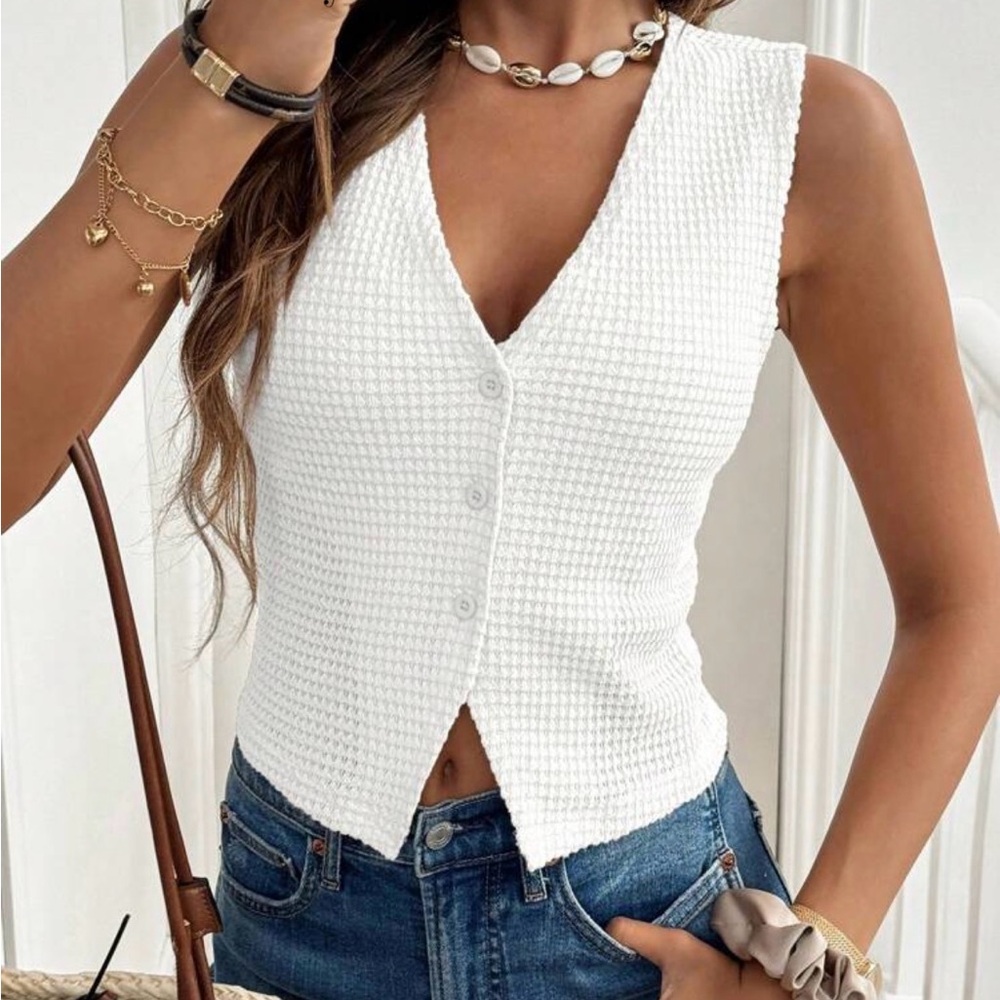 White Sleeveless Button-Up Top